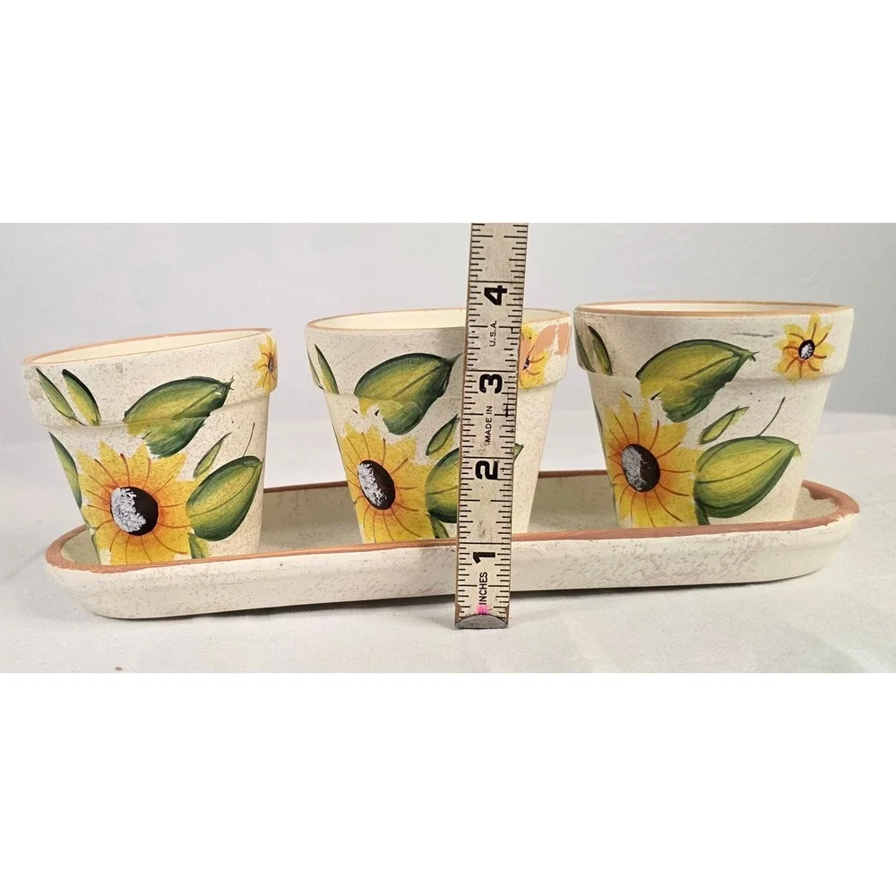 Sunflower Ceramic Planter Set 3 Pots with‎ Tray Herb Garden Cream Yellow